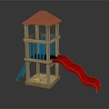 Playground Equipment with Red Roof Wooden Structure Blue Railings and Red Slide