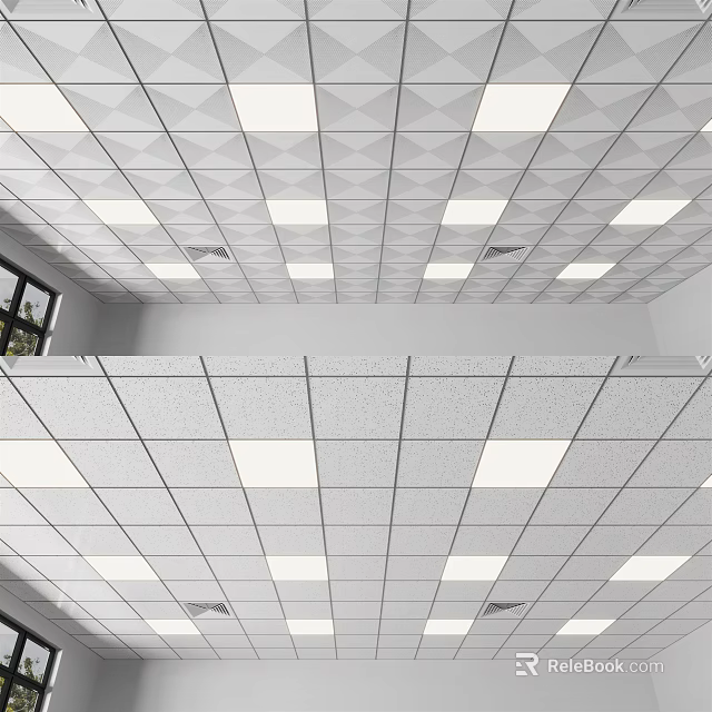Modern Ceiling Design With Grid Pattern Recessed Lights And Acoustic Tiles 3d model