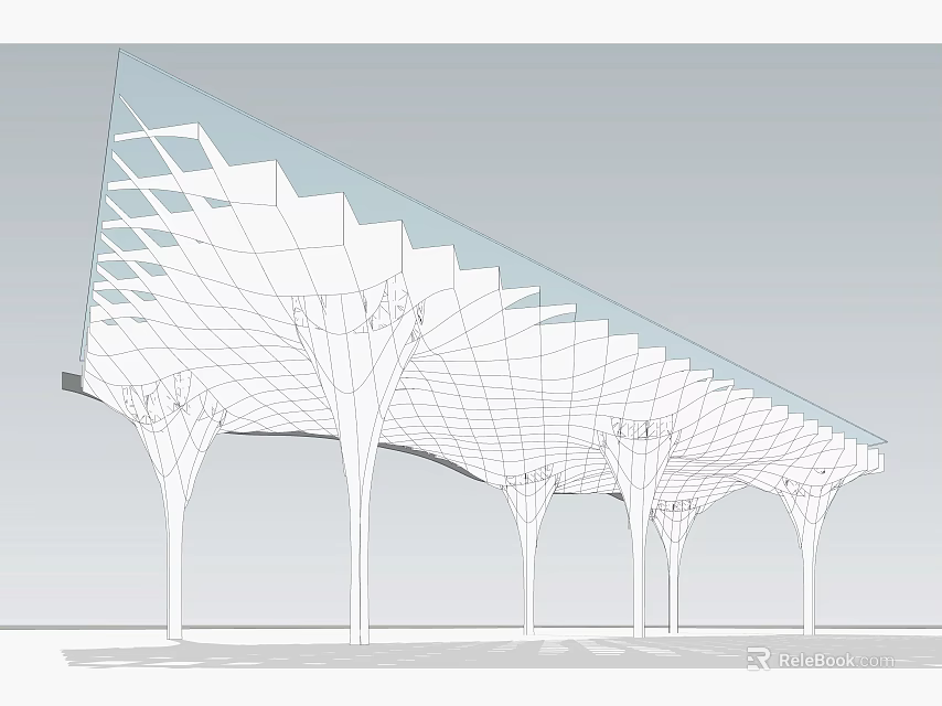 Modern Architectural Pillars Supporting Geometric Grid Roof Structure In Building Design 3d model 