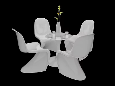 Modern White Round Table and Chair Set with Vase Yellow Flowers and Small Cups 3d model