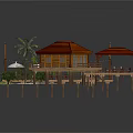 Wooden Stilt Building With Roofed Structure Platform Palm Trees Hammock And Furniture