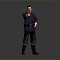 Man Wearing Dark Blue Coat Green Pants Belt Mustache Right Hand Extended Pointing Forward
