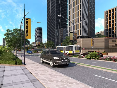 Modern Urban Road Infrastructure with High Rise Buildings Street Lamps Sidewalks and Buses 3d model