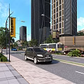 Modern Urban Road Infrastructure with High Rise Buildings Street Lamps Sidewalks and Buses