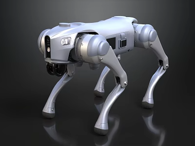 Silver Four Legged Mechanical Dog Robot With Sensors And Joints On Reflective Surface 3d model