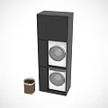 Contemporary Home Laundry Space With Stacked Washer And Dryer In Black Cabinet And Laundry Basket