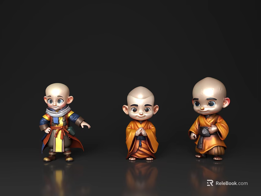 Three Young Monks As Cartoon 3D Characters With Traditional Robes And Different Poses 3d model 