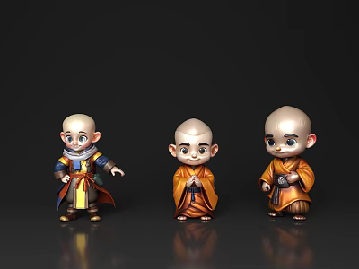 Three Young Monks As Cartoon 3D Characters With Traditional Robes And Different Poses 3d model