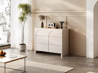 White Chest of Drawers on Gray Floor with Potted Plant Window and Decor Items 3d model