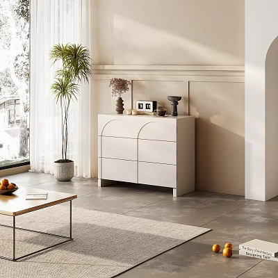 White Chest of Drawers on Gray Floor with Potted Plant Window and Decor Items 3d model