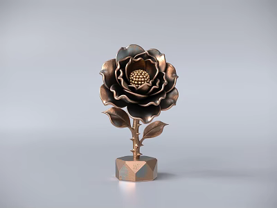 Artistic Bronze Rose Sculpture With Carved Leaves And Decorative Base 3d model