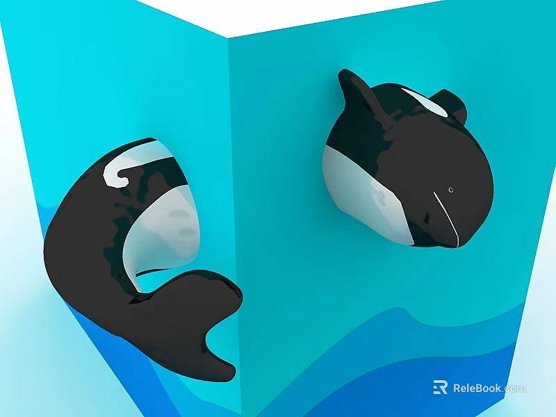 Swing Door With Black And White Whale Decor On Blue Wave Pattern Background 3d model