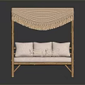 Wooden Four Poster Bed With Striped Canopy Fringe Pillows And Light Mattress