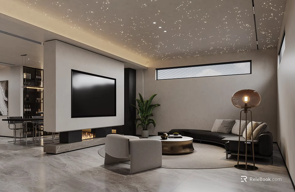 Modern Home Theater Room With Large TV Starry Ceiling And Sofa 3d model 