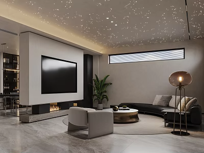 Modern Home Theater Room With Large TV Starry Ceiling And Sofa 3d model