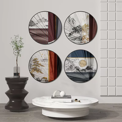 Round Framed Chinese Landscape Paintings With Moon Trees And Interior Decor 3d model