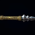 Decorative Ancient Spear With Golden Intricate Engravings And Metal Shaft Design