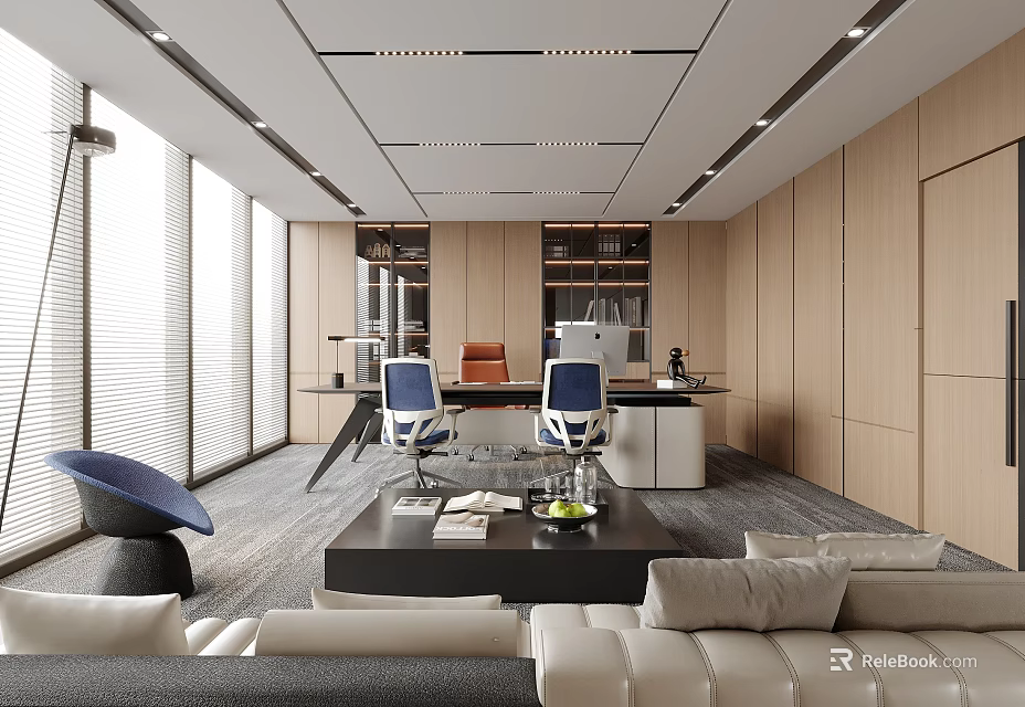 Modern Open Office Interior With Large Windows Wooden Walls And Sofa Desk 3d model 