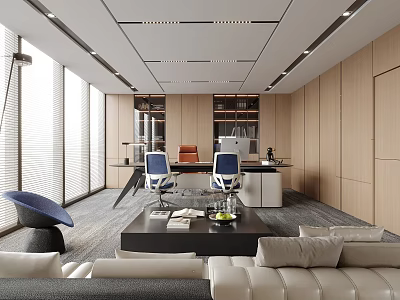Modern Open Office Interior With Large Windows Wooden Walls And Sofa Desk 3d model