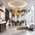 Modern Hair Salon Interior With Styling Chairs Reception Desk And Hanging Lights