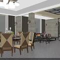 Modern Restaurant Interior With Dining Tables Chairs Pendant Lights And Sofa Seating