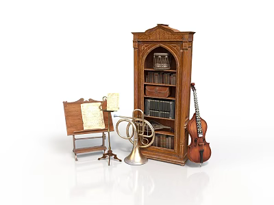 Classic Interior With Wooden Cabinet Music Stand French Horn And Cello 3d model