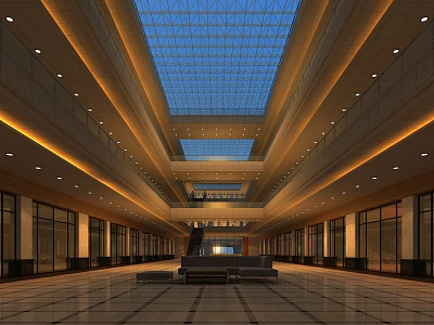 Spacious Hall Interior With Glass Skylight Marble Floor Benches And Lighting Fixtures 3d model