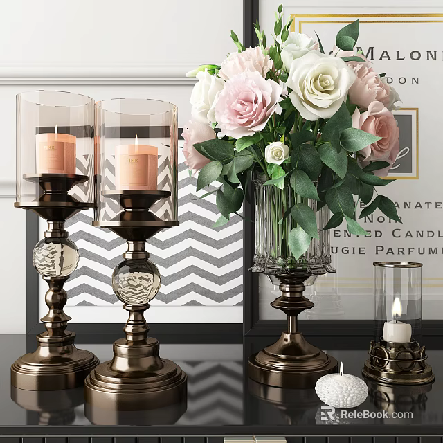 Glass Vase With Pink And White Roses Green Leaves Brass Candle Holders Chevron Background 3d model 