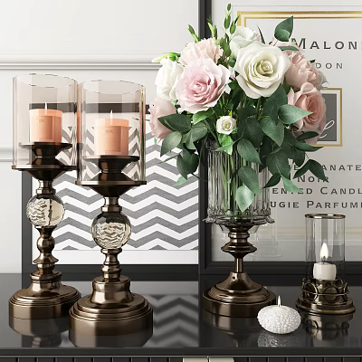 Glass Vase With Pink And White Roses Green Leaves Brass Candle Holders Chevron Background 3d model