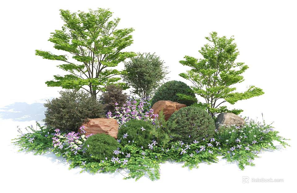 Natural Shrub Landscaping With Various Trees Rocks Purple Flowers And Green Foliage 3d model 