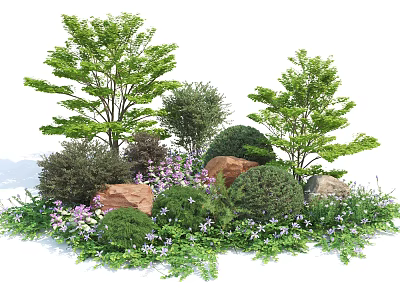 Natural Shrub Landscaping With Various Trees Rocks Purple Flowers And Green Foliage 3d model