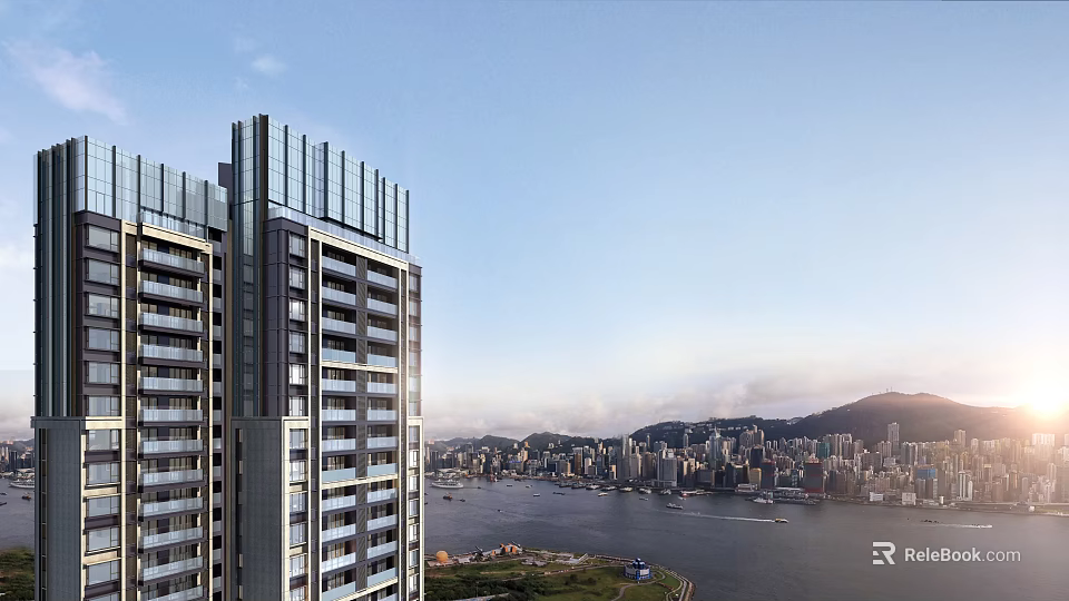 Modern High Rise Building Along Waterfront Featuring Distant City Skyline and Mountains 3d model 