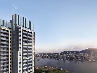 Modern High Rise Building Along Waterfront Featuring Distant City Skyline and Mountains 3d model