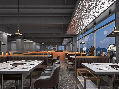 Modern Hotpot Restaurant Interior With Spacious Layout Tables Chairs Pendant Lights And Large Scenic Windows 3d model