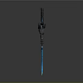 Decorative Fantasy Sword With Horned Hilt And Blue Glowing Blade Design