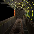 Future Architecture Tunnel Interior With Yellow Curved Lights Gray Walls And Metal Railings