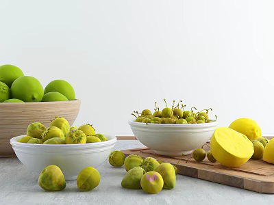 Stylish Ceramic Bowls Filled With Fresh Green Fruits And Lemons On Wooden Board 3d model
