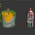 Household Paint Supplies Metal Bucket With Yellow Drips And Spray Paint Can With Colorful Labels