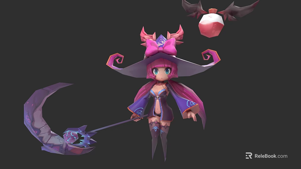 Cute Fantasy Game Character With Pink Witch Hat Scythe And Winged Orb 3d model 