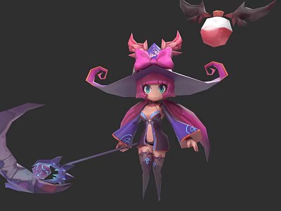 Cute Fantasy Game Character With Pink Witch Hat Scythe And Winged Orb 3d model