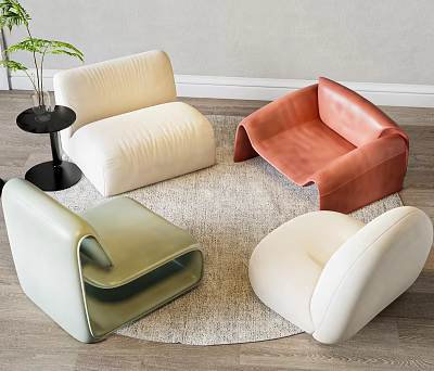 Modern Multicolor Leather Bean Bag Chairs In Cozy Living Room With Carpet And Plant 3d model