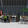 Modern Outdoor Lounge Area With Glass Curtain Walls Tables Chairs And Green Plants