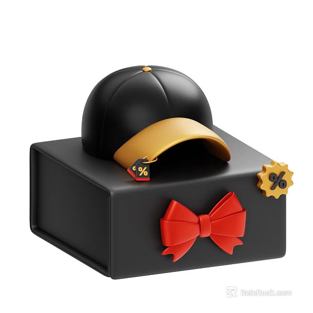 Stylish Black Hat With Yellow Brim On Black Box Red Bow And Discount Tags 3d model 