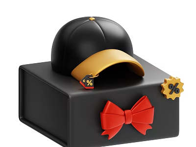 Stylish Black Hat With Yellow Brim On Black Box Red Bow And Discount Tags 3d model