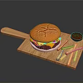 Juicy Hamburger Served With French Fries And Sauce On Wooden Cutting Board