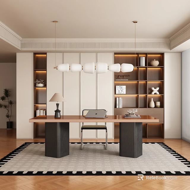 Modern Study Room Interior With Wooden Desk Shelves Pendant Light And Decorative Items 3d model 