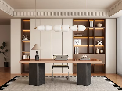 Modern Study Room Interior With Wooden Desk Shelves Pendant Light And Decorative Items 3d model