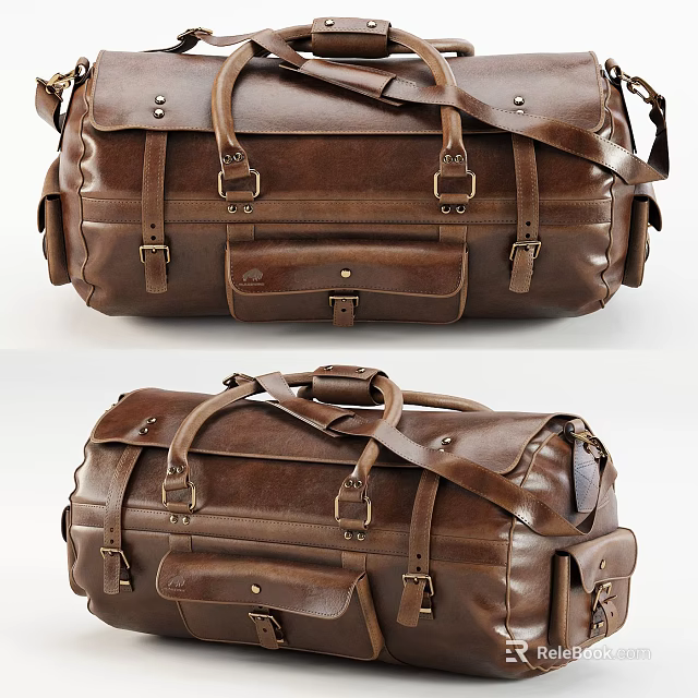 Brown Leather Duffle Bag With Vintage Design Metal Buckles And Straps 3d model 