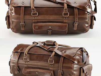 Brown Leather Duffle Bag With Vintage Design Metal Buckles And Straps 3d model