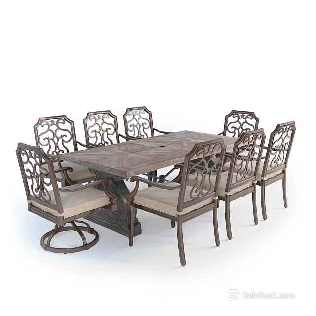 Vintage Dining Table And Chairs Set With Carved Backrests And Upholstered Seats 3d model 